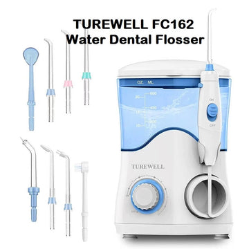 TUREWELL Water Dental Flosser for Teeth/Braces with 8 Water Jet Tips, 10 Pressure Levels, 600ML Electric Water Dental Oral Irrigator - Imported from UK